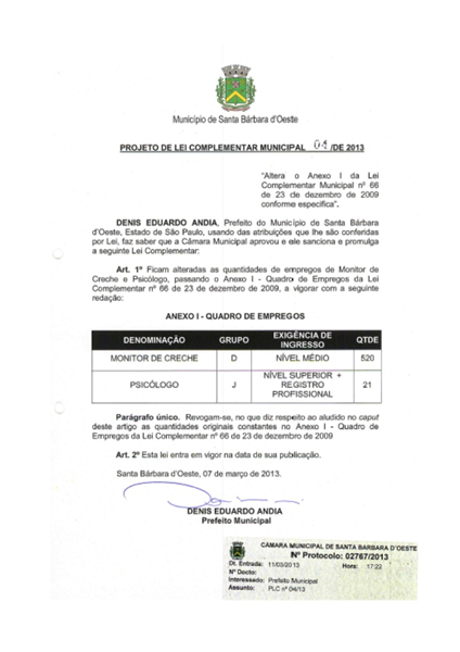 Projeto de Lei complementar n° 04/2013. 