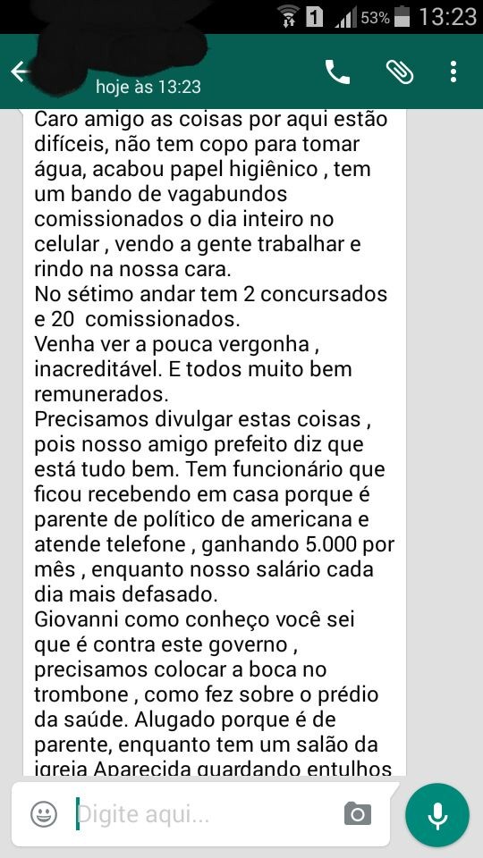 Cópia da mensagem recebida hoje (28) por Giovanni Bonfim